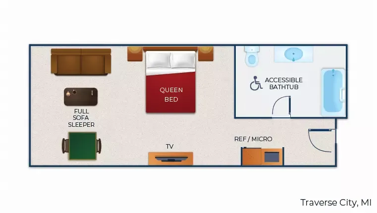 The floor plan for the accessible bathtub Queen Sofa Suite(Accessible bathtub)